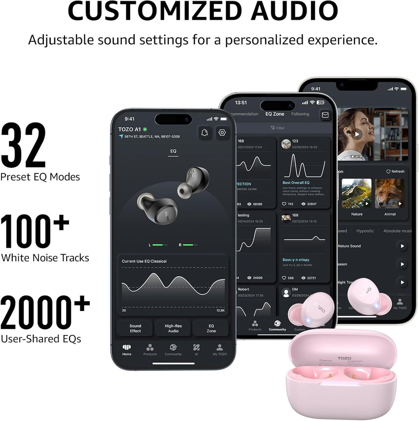 TOZO A1 Wireless Earbuds, Bluetooth 5.3 Earphones, Support APP EQ Setting, 30H Long Playtime, Ear Buds with HiFi Stereo Sound, Light-Weight Wireless Earphones, IPX5 Waterproof