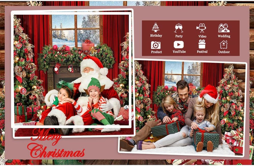 Avezano Christmas Fireplace Backdrop Xmas Tree Gifts Wooden Window Background Holiday Family Party Decorations Happy New Year Xmas Baby Shower Kids Birthday Party Portrait Banner(7ft x 5ft)