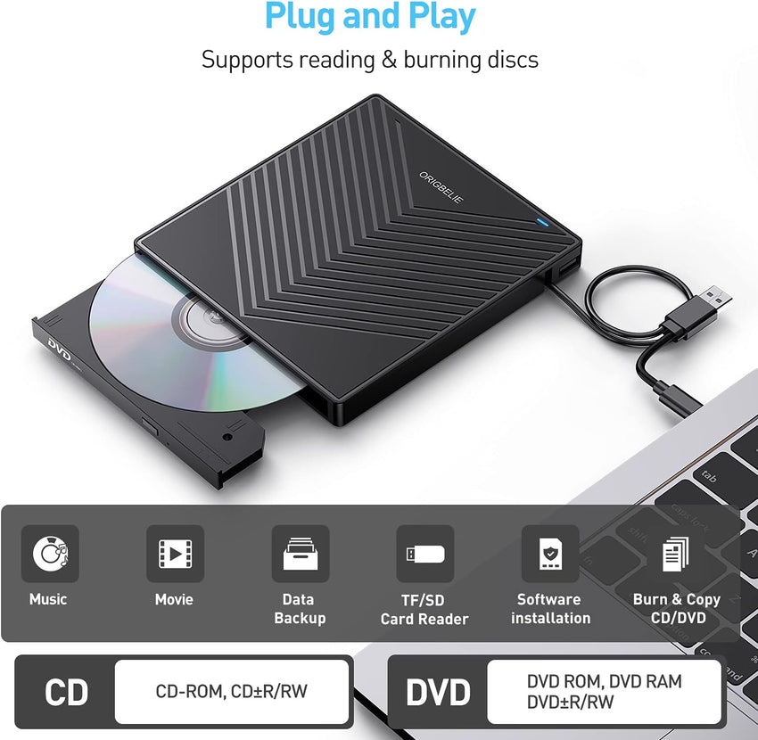 ORIGBELIE External CD DVD Drive, Ultra Slim CD Burner USB 3.0 with 4 USB Ports and 2 TF/SD Card Slots, Optical Disk Drive for Laptop Mac PC Windows 11/10/8/7 Linux OS with Carrying Case