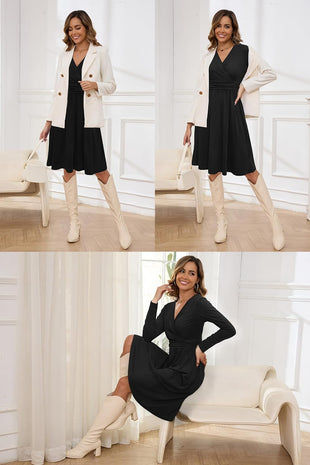 OUGES Women's Fall Long Sleeve V Neck Floral Short Party Dress with Pockets Winter Dress 2023(Black,XL)