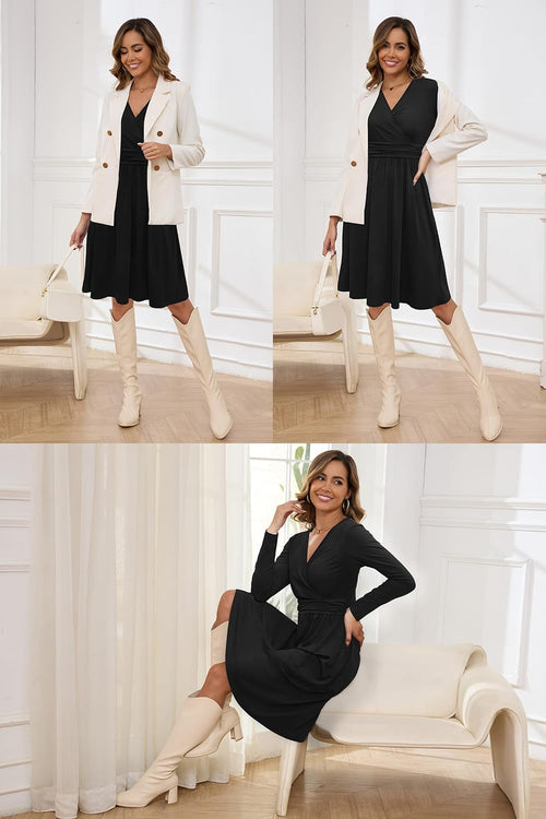 OUGES Women's Fall Long Sleeve V Neck Floral Short Party Dress with Pockets Winter Dress 2023(Black,XL)