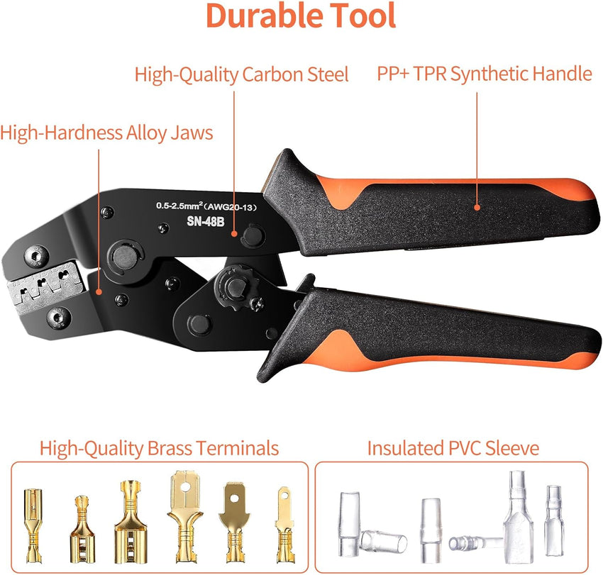 PotentForce Crimping Tool Set - 600pcs Crimp Connectors for 0.5-2.5mmÂ²/AWG 22-16 Wire, Suitable for 2.8mm, 4.8mm, 6.3mm Spade Connectors