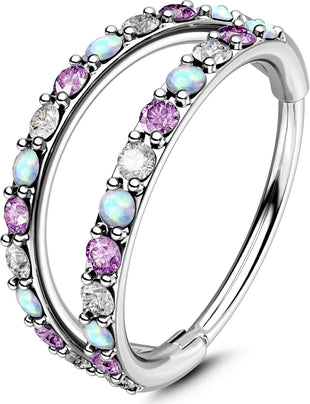 20G Nose Ring Hoops, Double Line CZ Opal Helix & Tragus Earrings â Silver
