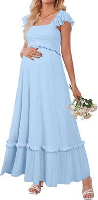 OUGES Womens 2025 Summer Maternity Baby Shower Dress Casual Boho Maxi Smocked Maternity Photoshoot Dresses Ruffle Sleeve Square Neck Gender Reveal Dress Pregnancy Must Have Clothes (Sky Blue,M)