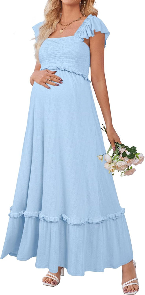 OUGES Womens 2025 Summer Maternity Baby Shower Dress Casual Boho Maxi Smocked Maternity Photoshoot Dresses Ruffle Sleeve Square Neck Gender Reveal Dress Pregnancy Must Have Clothes (Sky Blue,M)
