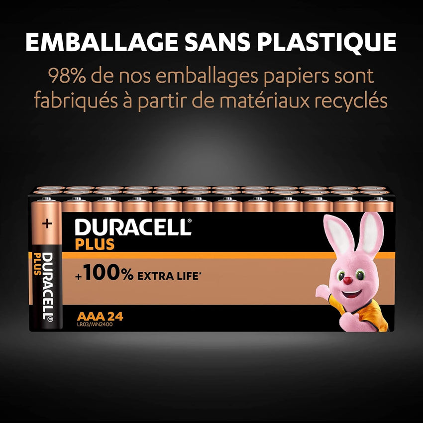 DURACELL Plus AAA Batteries (24 Pack) - Alkaline Batteries 1.5V - Up to 100% Extra Life with POWER BOOST Actives- Reliability For Everyday Devices - 0% Plastic Packaging - 10-Year Storage-LR03 MN2400
