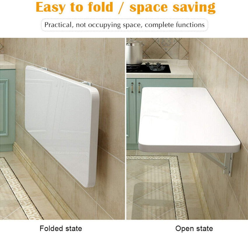 aleawol Wall Mounted Table Folding 60x40cm Floating Laptop Desk Fold-Down Work Table Drop-Leaf Table Wall Writing Desk PC Table Computer Desk Dining Table with Brackets for Space Saving (White)