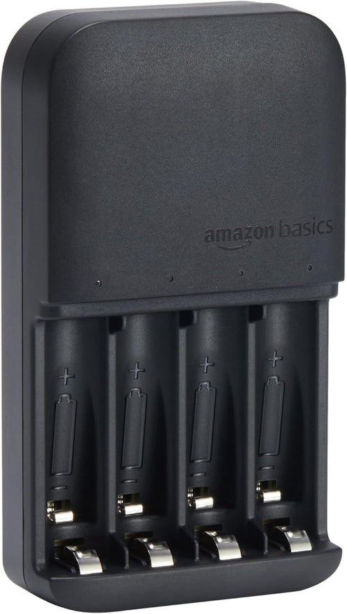 Amazon Basics Battery Charger for Rechargeable AA and AAA NiMh Batteries - UK Plug, 4-Bay, Black