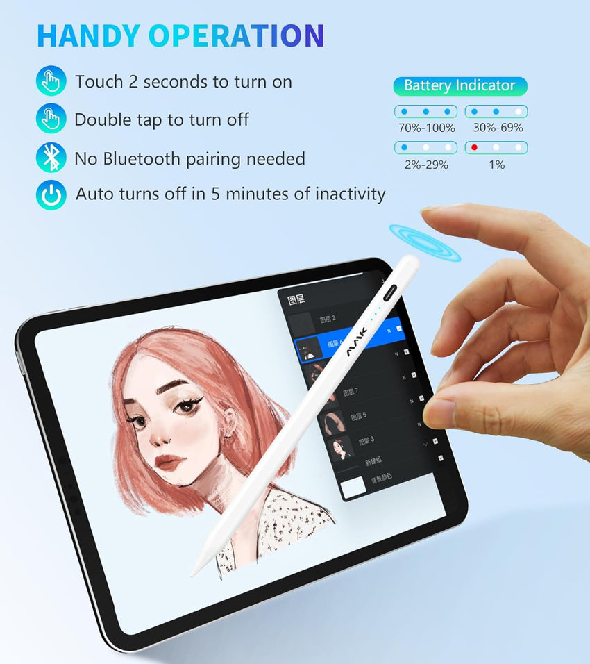 MMK Stylus Pen black for iPad(2018-2024), 2.0 Gen Pencil with Pixel-Perfect Precision & Tilt Sensitivity, Compatible with iPad 6-10th Gen,for iPad Pro 12.9''/11''/13'',for iPad Air 3/4/5/6,for iPad Mini 5/6