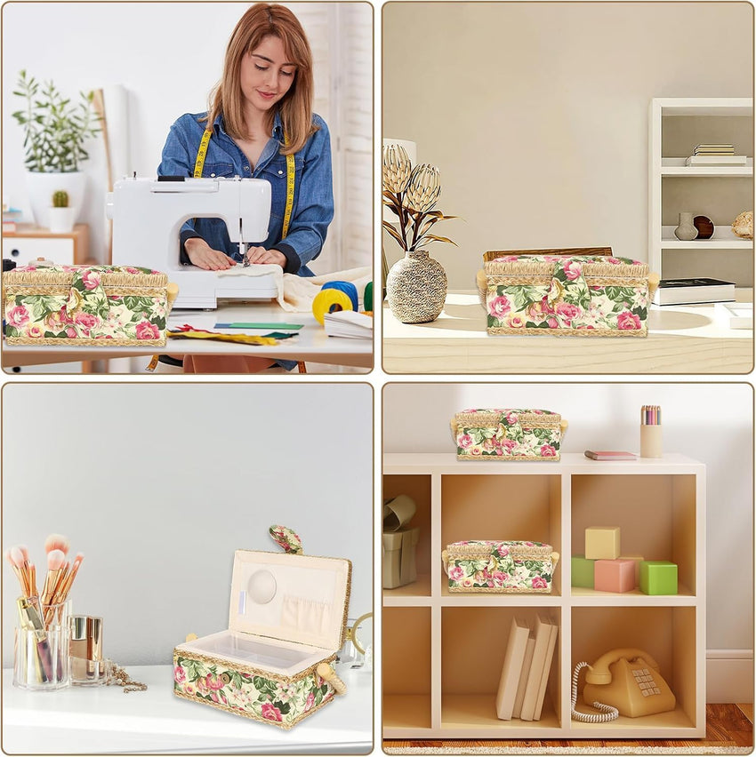 Vintage Sewing Basket Fabric Craft Storage Organizer with Handle Ã¢ÂÂ Garden Rose