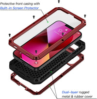 Lanhiem Heavy Duty Case for iPhone 13 Pro Max Shockproof Cover Tough Armour Metal Case with [Tempered Glass Screen Film], 360 Full Body Protective Case Cover for iPhone 13 Pro Max - Red