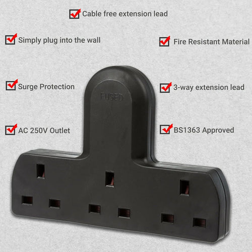 Invero 3 Way Multi Mains Adaptor - One Socket into Three Triple Plugs - Cable Free - UK 3 Pin Plug - British Approved 13A - Black
