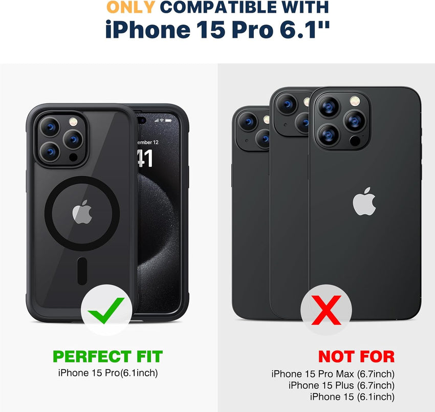 Diaclara Magnetic Designed for iPhone 15 Pro Case [Compatible with MagSafe], 360Â° Full Body Case with Screen Protector + Camera Lens Protector for iPhone 15 Pro 6.1" (Black)