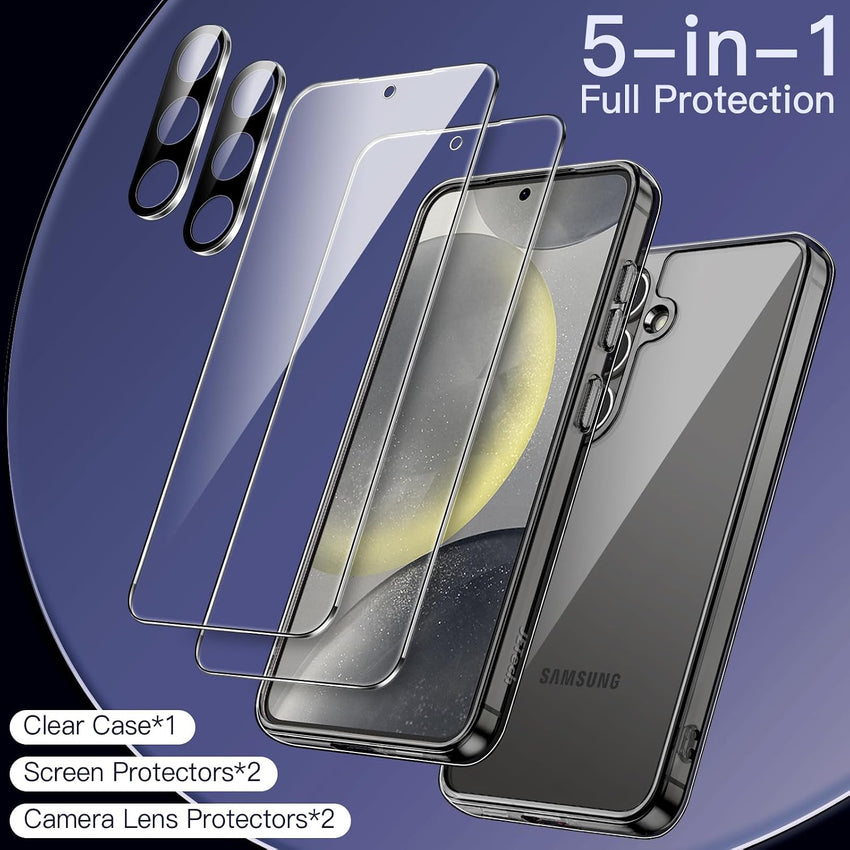 JETech 5 in 1 Case for Samsung Galaxy S24+ / S24 Plus 5G with 2-Pack Each Tempered Glass Screen Protector and Camera Lens Protector, Non-Yellowing Shockproof Bumper Phone Cover (Dark Blue)