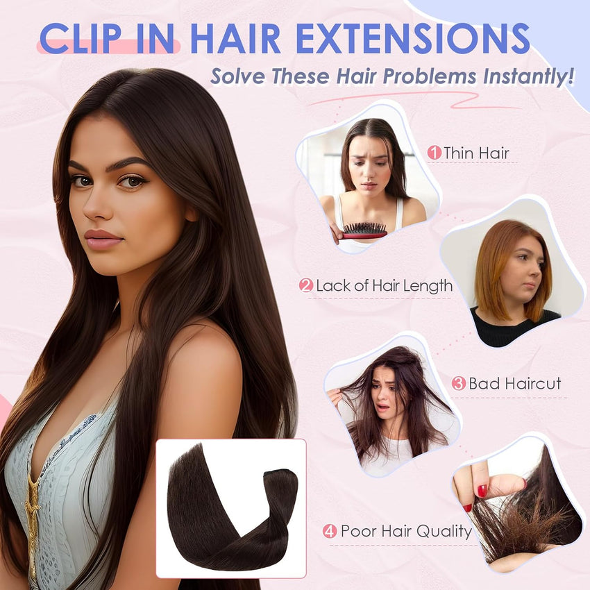Clip-in Human Hair Extensions 8 Piece Remy Straight 16in 65g Full Head #2 Dark Brown