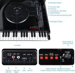 VOSTERIO Bluetooth Record Player with Built-in Speakers, Modern 3-Speed Turntable with USB Playback and Vinyl Recording, Vinyl Player in Piano Design- Black