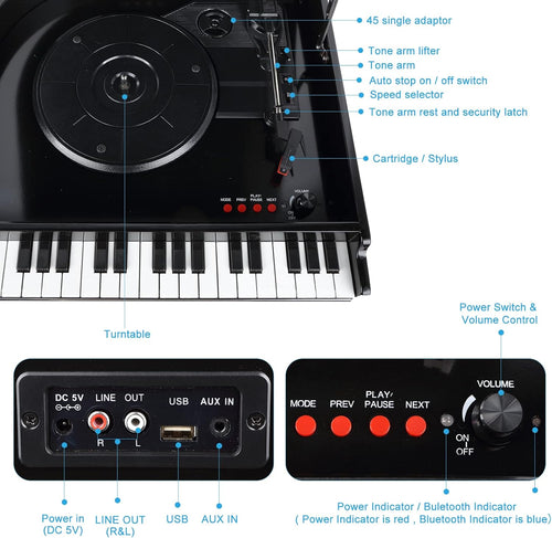 VOSTERIO Bluetooth Record Player with Built-in Speakers, Modern 3-Speed Turntable with USB Playback and Vinyl Recording, Vinyl Player in Piano Design- Black
