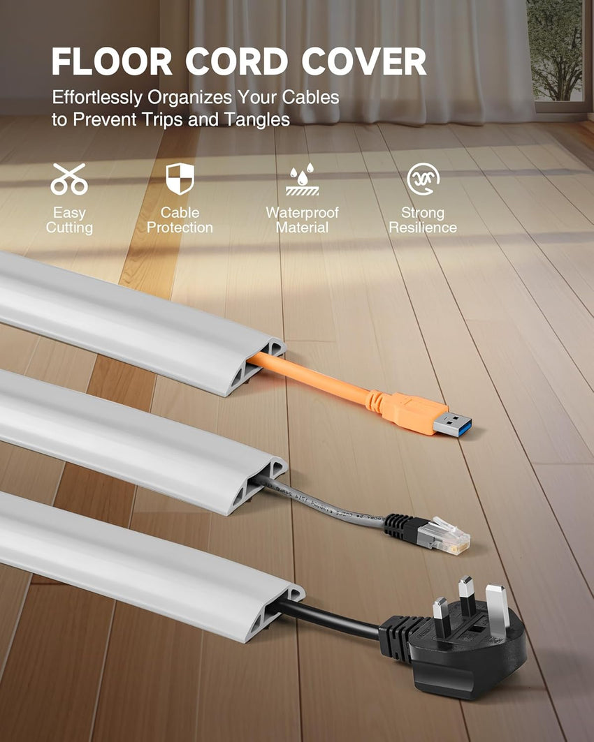 CREWORKS 1.8 m Floor Cord Cover, 3 Channel Cable Cover with Self-Adhesive Baking, Extension Cord Cable Protector, Flexible PVC Duct Wire Cable Management for Homes Offices Garages, Grey