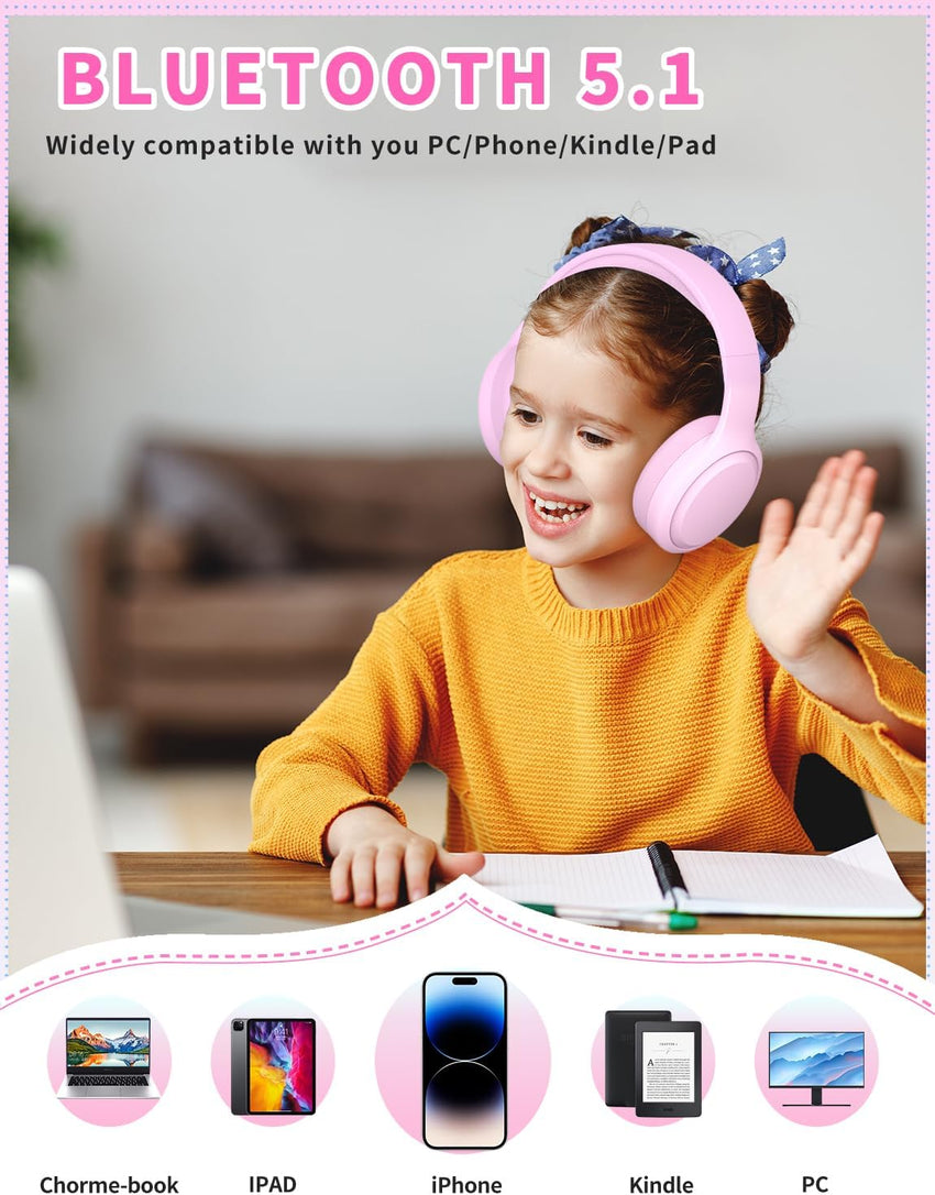 Xunpuls Kids Bluetooth Headphones,Foldable On Ear Wireless Headphone,Stereo Sound with MIC,10H Playtime,Bluetooth 5.3,Kids Wireless Headphones Over Ear for Kid Adult School Online Class (Pink)