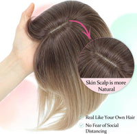Peonymebeauty 360Â°Clip in Fringe Hair Topper, 4"X5" Base Hair Toppers with Bangs for Women Synthetic 12 Inch Natural Straight Short Bob Hairpieces Wiglets Ladies for Daily Wear(Ombre Brown Blonde)