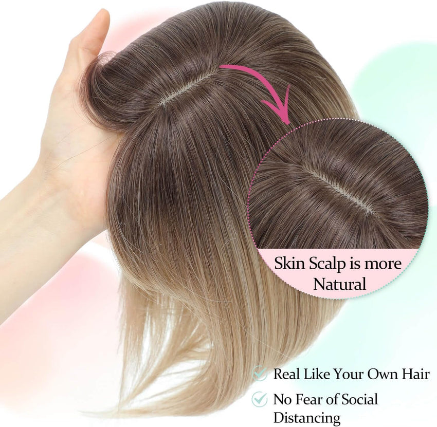 Peonymebeauty 360Â°Clip in Fringe Hair Topper, 4"X5" Base Hair Toppers with Bangs for Women Synthetic 12 Inch Natural Straight Short Bob Hairpieces Wiglets Ladies for Daily Wear(Ombre Brown Blonde)