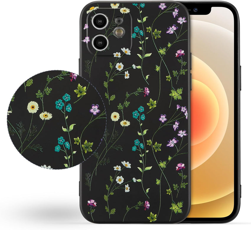 RALEAVO Floral Case for iPhone 12 Silicone Cute Cover for Women,Black