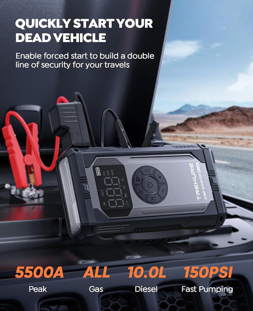 TREKURE 4000A Jump Starter Power Pack with 150PSI Air Compressor, 12V Portable Car Battery Booster Jump Starter for all Gas/10L Diesel, Car Jump Starter Power Bank with Jump leads, Emergency Light