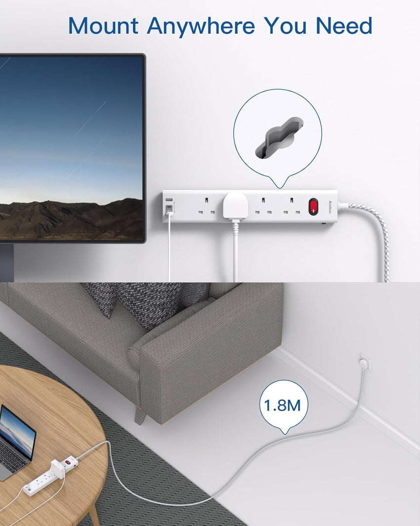 Extension Lead with 3 USB Slots(2 USB C), 4 Way Plug Extension Socket, 1.8M Wall Mount Socket Extension Cable, Multiplug Power Strip for Home, Office, School Supplies