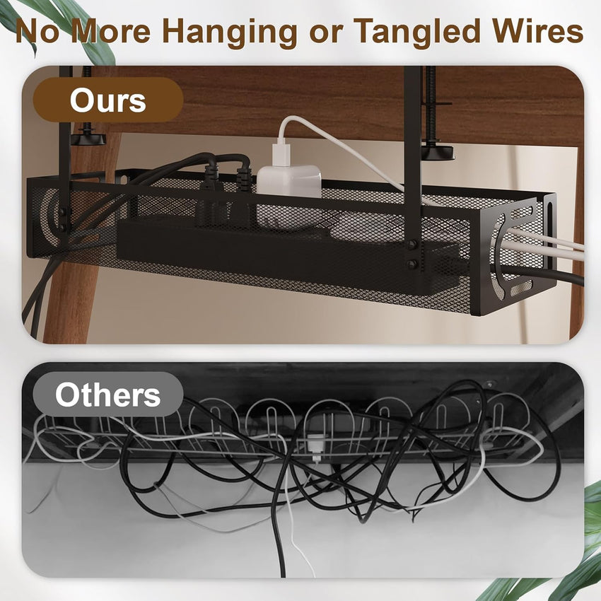Under Desk Cable Management Tray, 15.4'' No Drill Cable Management Mesh Wire Organizer Side Opening Design for Home, Office, Internet Cafe, Kitchen, Black