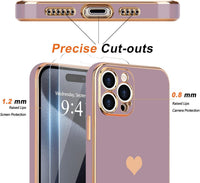 Teageo for iPhone 15 Pro Max Case Girl Women Cute Girly Love-Heart,Lavender | with Screen Protector [2 Pack] Luxury Gold Soft Cover Camera Protection Silicone Shockproof Phone Case iPhone 15 Pro Max