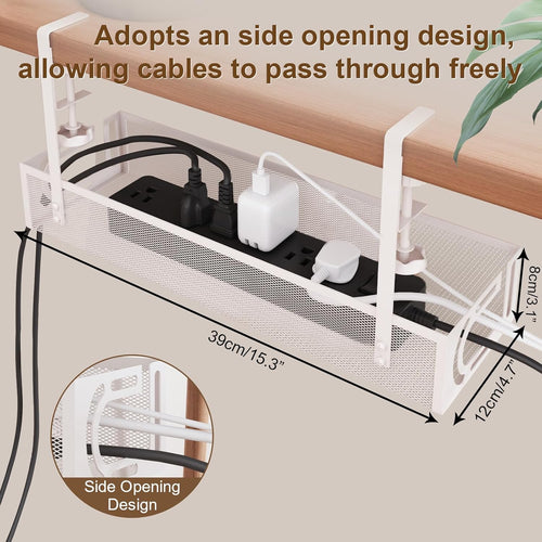 Under Desk Cable Management Tray, 15.4'' No Drill Cable Management Mesh Wire Organizer Side Opening Design for Home, Office, Internet Cafe, Kitchen, White