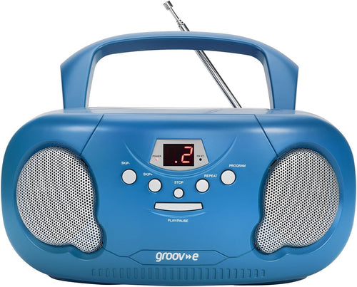 Groov-e Original Boombox - Portable CD Player with Bluetooth, Radio, 3.5mm Aux Port, & Headphone Socket - LED Display, 2 x 1.2W Speakers - Battery or Mains Powered - Blue