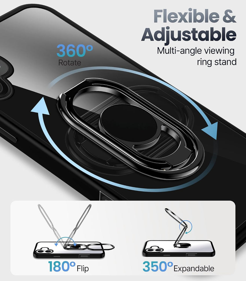 SHIELDS UP for iPhone 16 Case with Stand, Phone Case Clear with Double Ring HolderAdjustable & Fodable Shockproof Protective Cover for iPhone 16 6.1'' - Clear Black