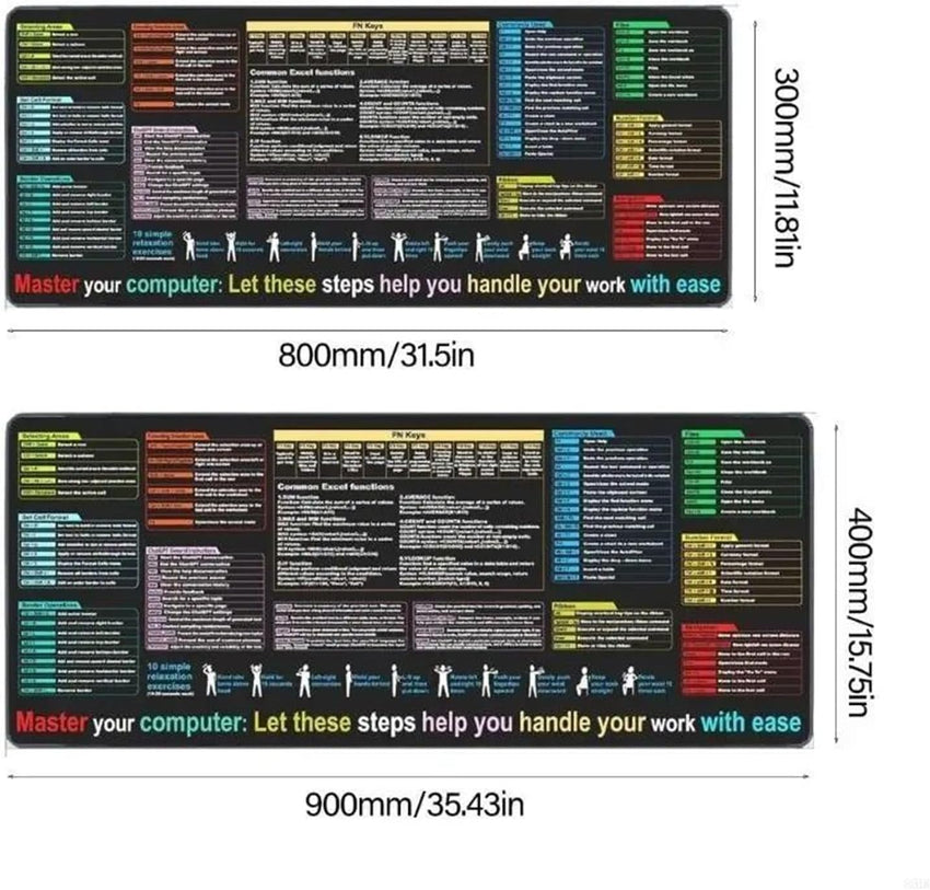 Keyboard Shortcut Mat - Black Oversize Desk Mouse Pad 40x90 Cm, Non-Slip, Dirt Resistant Computer Mat | Smooth Accessory Shortcut Guide for Coding Study Office Room Home Setup