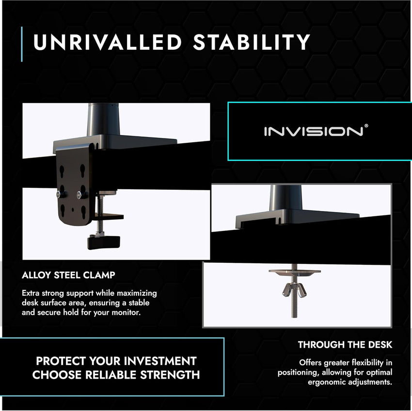 Invision Monitor Arm Bracket Mount READ DESC 24-40 Inch Screens VESA 75-100mm Ergonomic Height Adjustable Desktop Clamp Tilts Extends 2-15kg (MX450)
