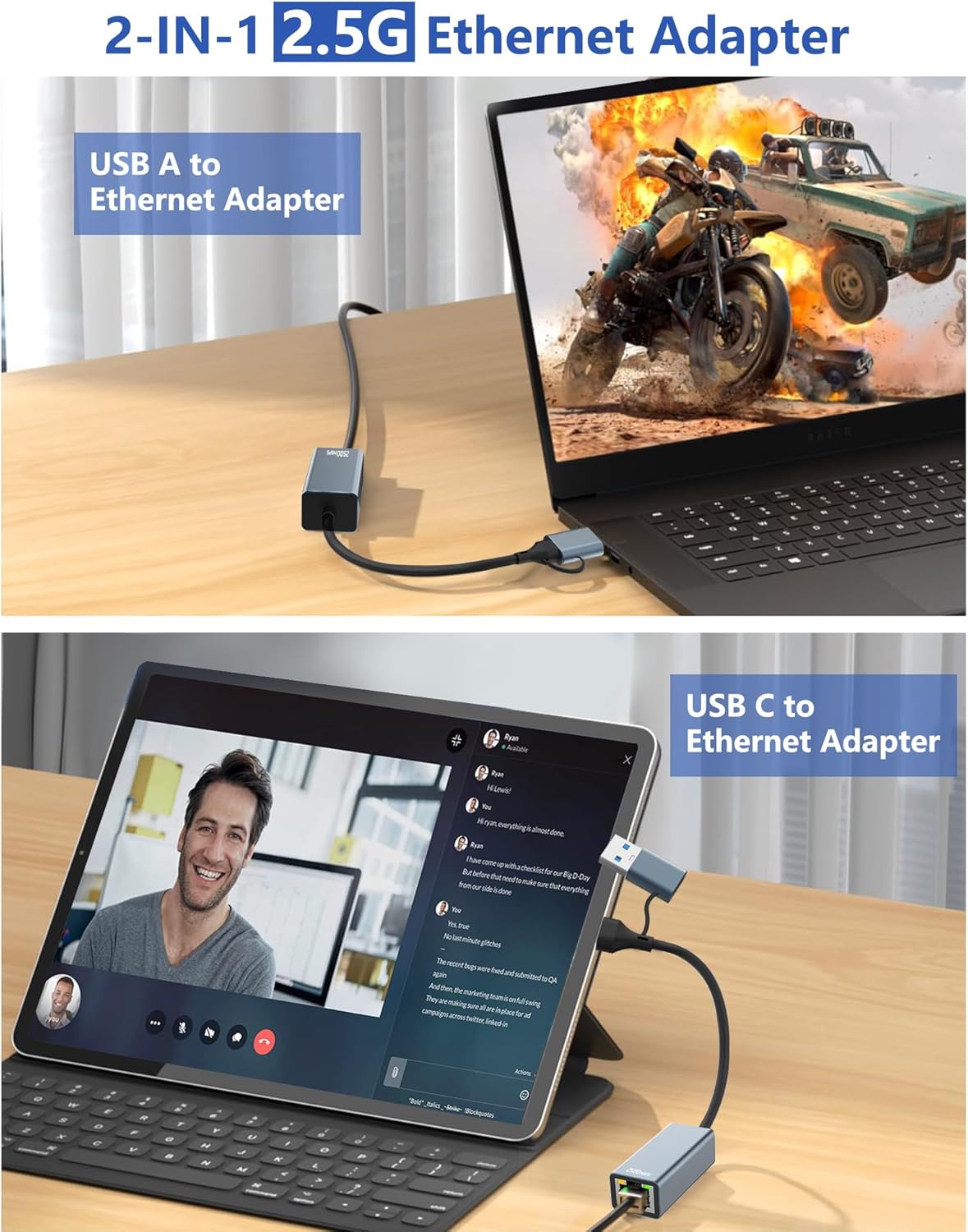 2.5G USB to Ethernet Adapter, 2-IN-1 USB-C to RJ45 LAN Wired Network 100/1000/2500Mbps Ethernet Adapter for PS4/5, Switch, Steam Deck, XPS, TV Box, iPad, MacBook, SmartPhone, Tablet, Laptop, etc