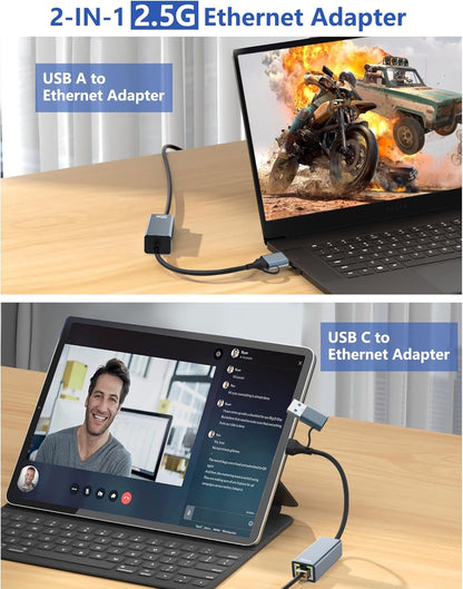 2.5G USB to Ethernet Adapter, 2-IN-1 USB-C to RJ45 LAN Wired Network 100/1000/2500Mbps Ethernet Adapter for PS4/5, Switch, Steam Deck, XPS, TV Box, iPad, MacBook, SmartPhone, Tablet, Laptop, etc