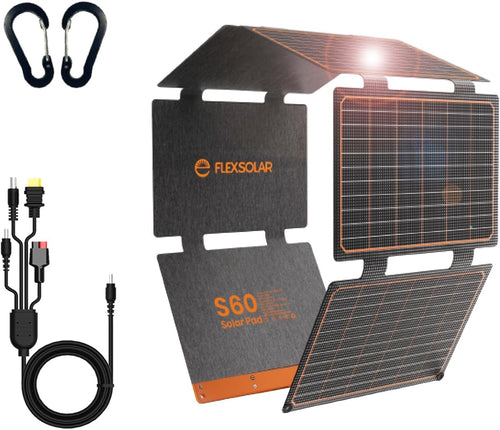FlexSolar 60W Solar Panel Foldable Portable Solar Charger with USB-C USB-A and DC Outputs IP67 Waterproof Power Emergency Camping for Small Power Station Generator Phones Power Banks Tablets