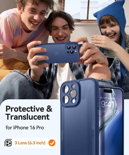 CANSHN Matte for iPhone 16 Pro Case, Upgraded [Full Camera Protection] [Translucent Matte] Shockproof Protective Phone Case for iPhone 16 Pro 6.3" - Deep Blue