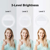 Selfie Ring Light, 36 LED Ring Light Clip on Phone Camera,[3 Light Level] [Rechargeable], Adjustable Brightness Selfie Circle Light for iPhones,Laptop, iPad, Photography, Webcast (USB Charge)