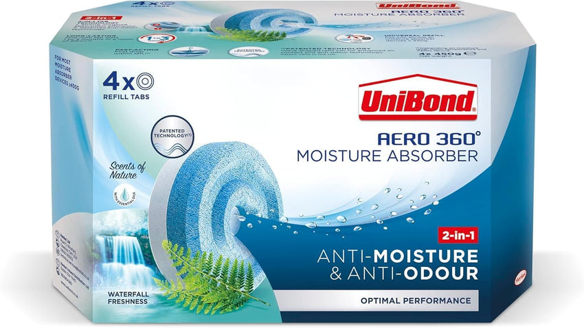UniBond AERO 360Â° Moisture Absorber Waterfall Freshness Refill Tab, Aromatherapy, Ultra-Absorbent and Odour-Neutralising, for AERO 360Â° Dehumidifier, Condensation Absorbers, Four Pack (4 x 450g)