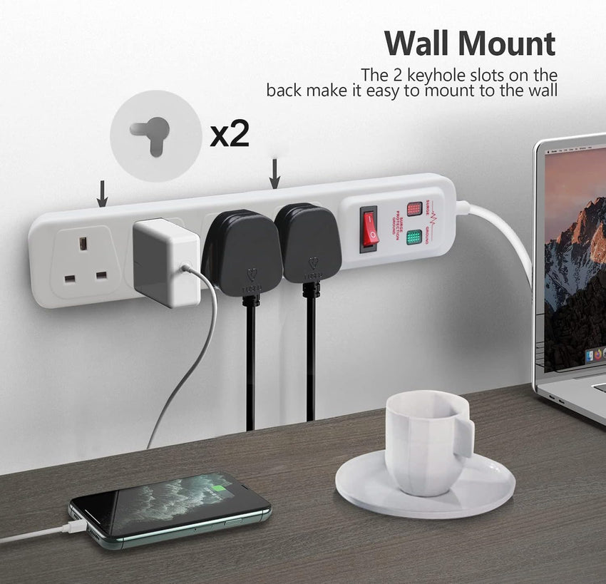 EXTRASTAR Universal Extension Lead, 4 Way Outlets Surge Protection Power Strips with Switch, Wall Mounted 13A/MAX.3120W Fused UK Power Socket (1M, White)