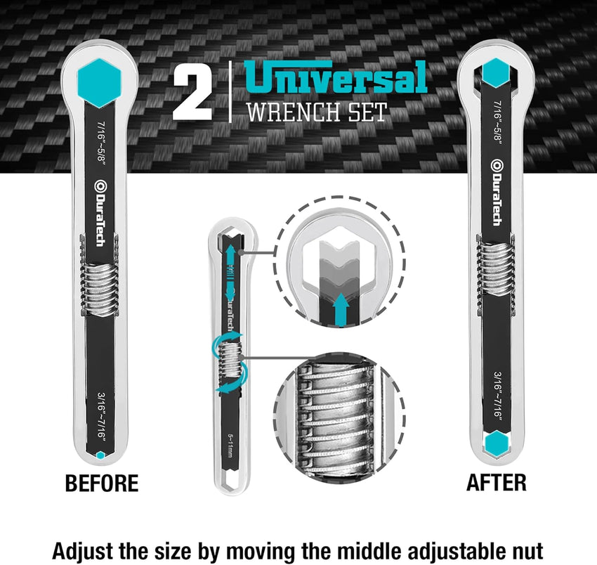 DURATECH Universal Combination Wrench Set, Adjustable Spanner Set, 2-Piece Multifunctional Wrench Set, Total Box-end Ring Spanner Set, 44-in-2, Metric & SAE, 5mm to 27mm & 3/16" to 1-1/16"