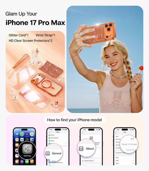 Meifigno Designed for iPhone 17 Pro Max Case 6.9", [Glitter Card & Wrist Strap] [Compatible with MagSafe] [2X HD Screen Protectors] Surround Raised Lens Protection for 17 Pro Max Case, Orange