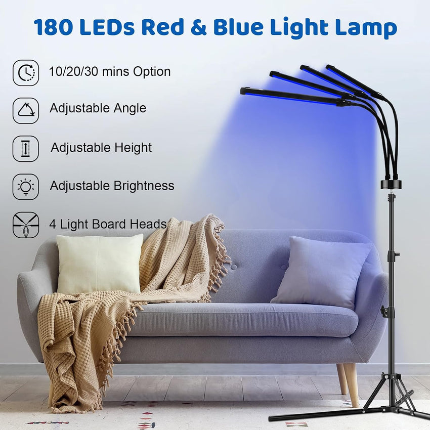 Red Light Lamp, 180LEDs Blue Light & Infrared Light with Stand, 415nm & 660nm & 850nm Infrared Light, 4 Heads Infrared Lamp with 3 Timing Settings, for Home Use