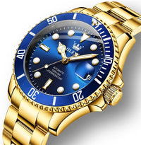 Men's Automatic Watch Big Stainless Steel Case Date Display Blue/Gold