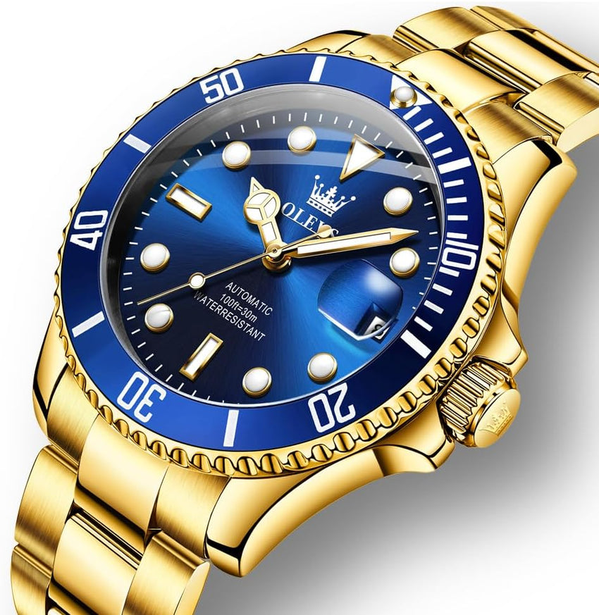 Men's Automatic Watch Big Stainless Steel Case Date Display Blue/Gold