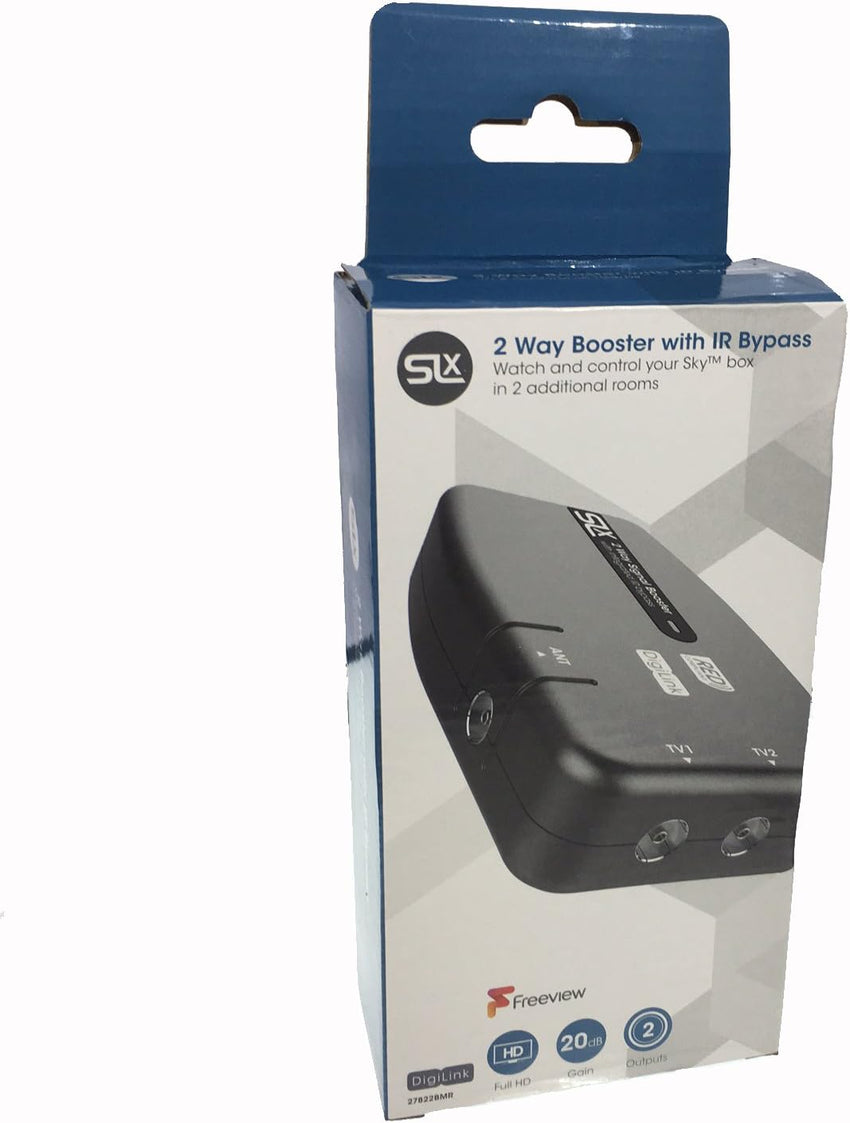 Signal Booster, SLx TV Amplifier Two Output 27822BMR - Improve Picture Quality And Channel Reception - Boost Your HD TV/FM/DAB Signal. 2 Way - For HD and Freeview, Grey