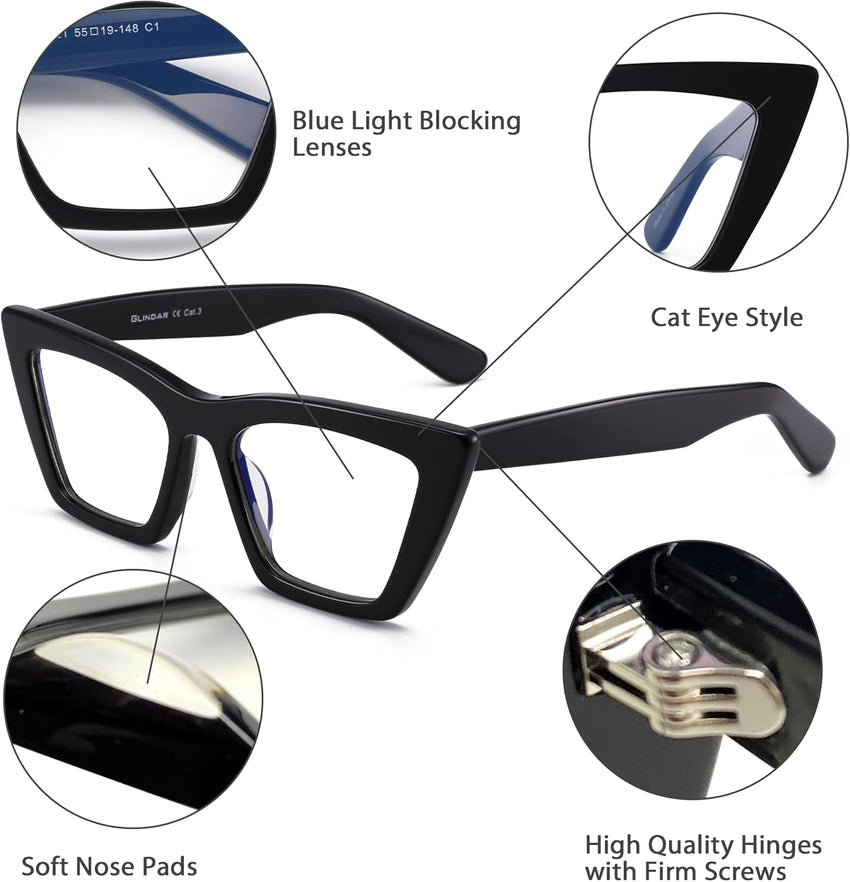 GLINDAR Cat Eye Blue Light Blocking Glasses Vintage Narrow Square Ã¢ÂÂ Black
