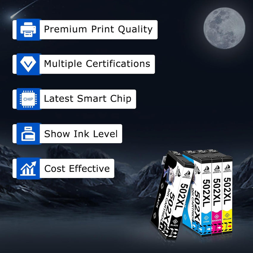 DOUBLE D 502XL Ink Cartridges for Epson 502 502XL Ink Multipack, Work for Epson Expression Home XP-5100 XP-5105 XP-5150 XP-5155 Workforce WF-2860 WF-2865 WF-2880 WF-2885 Printer, 4 Pack